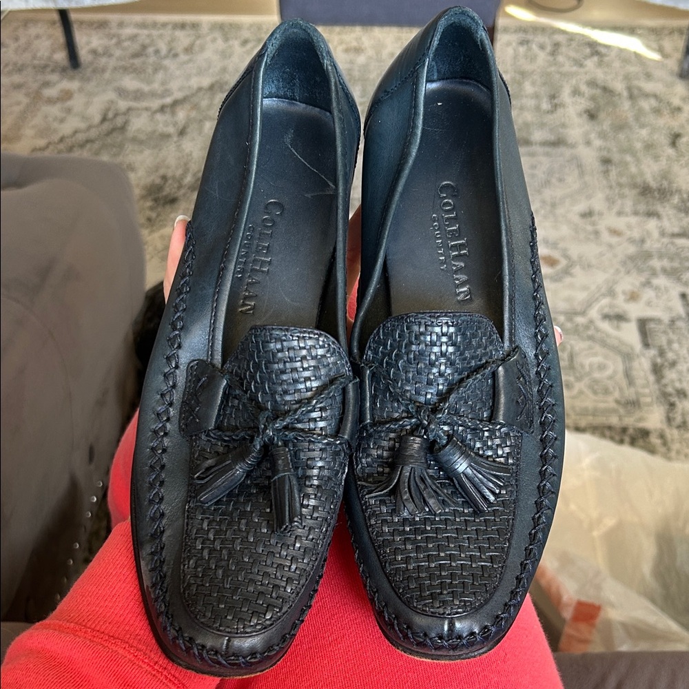 Cole Haan Country Navy Blue Woven Tassel Loafers Lattice Woven
